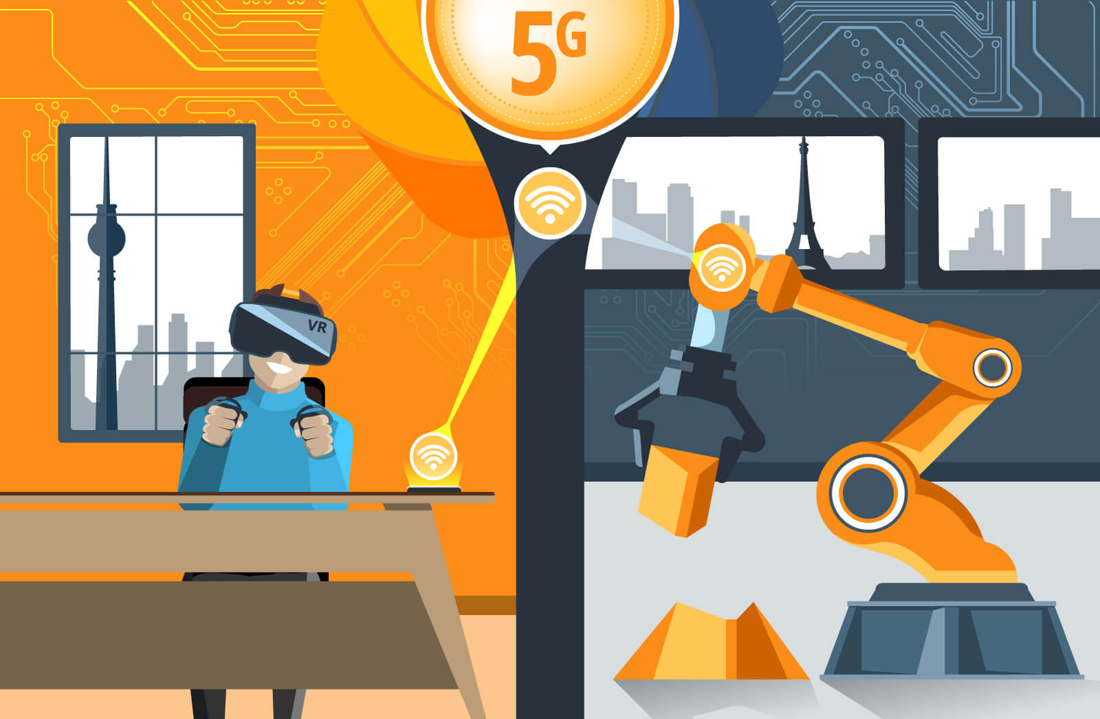 Ein Mensch steuert eine Maschine über die Entfernung mithilfe des neuen 5G Netzes