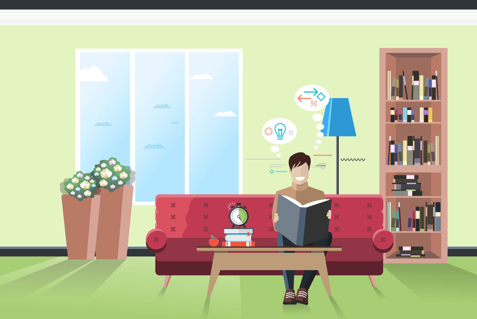 a man sitting on a couch, reading a book